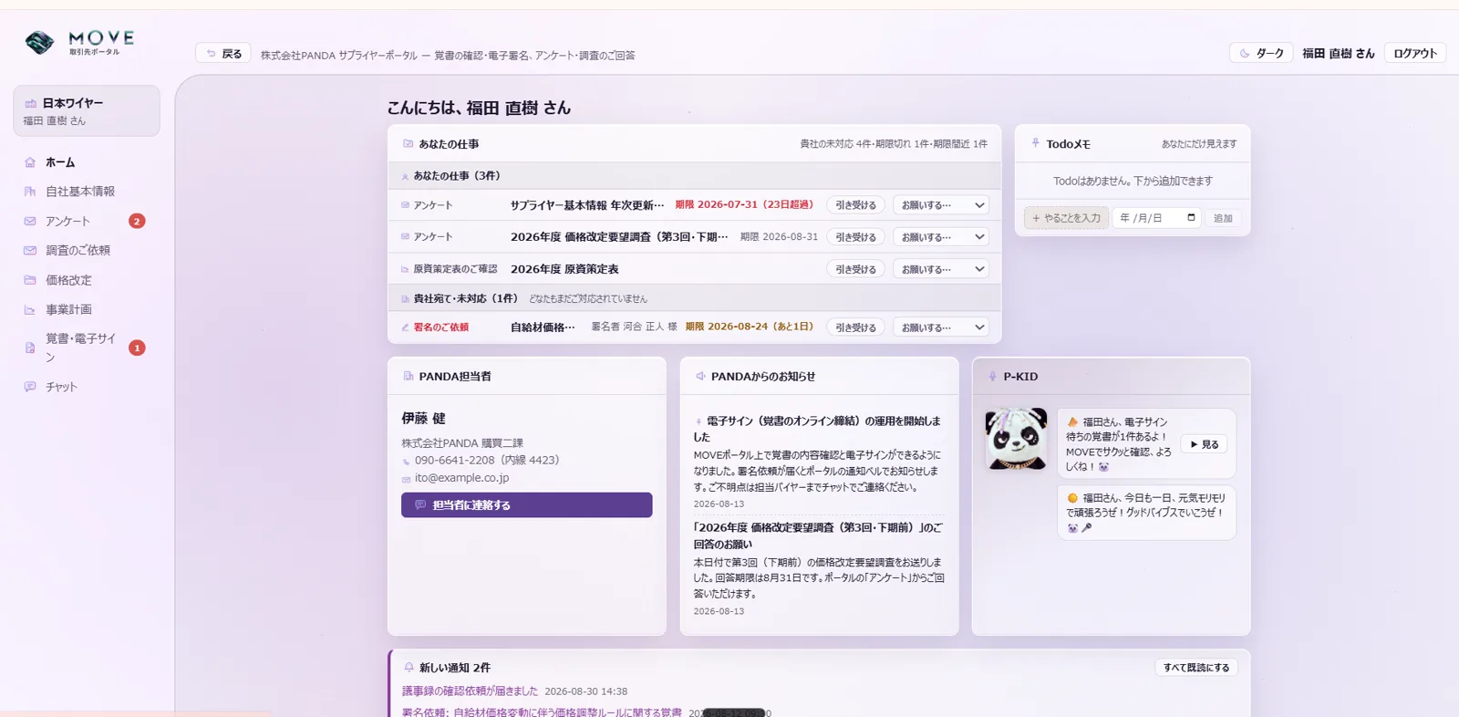 取引先のポータル画面。「あなたの仕事」に未対応のアンケート・原資策定表の確認・署名依頼が期限つきで並び、担当バイヤーの連絡先、PANDAからのお知らせ、P-KIDからの声かけが同じ1画面に出ている
