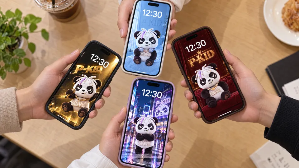 P-KIDの壁紙をロック画面にしたスマホを4人で見せ合っている